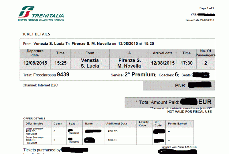 2席チケット(Venice to Firenze 8/12)に関する画像です。
